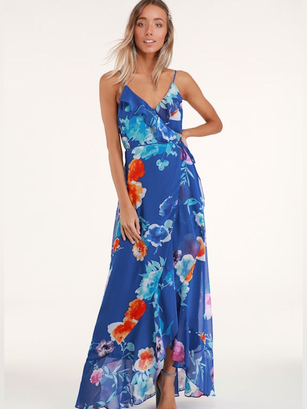 LulusLadean Royal Blue Floral Print Ruffled Wrap Maxi Dress Size XS NWT